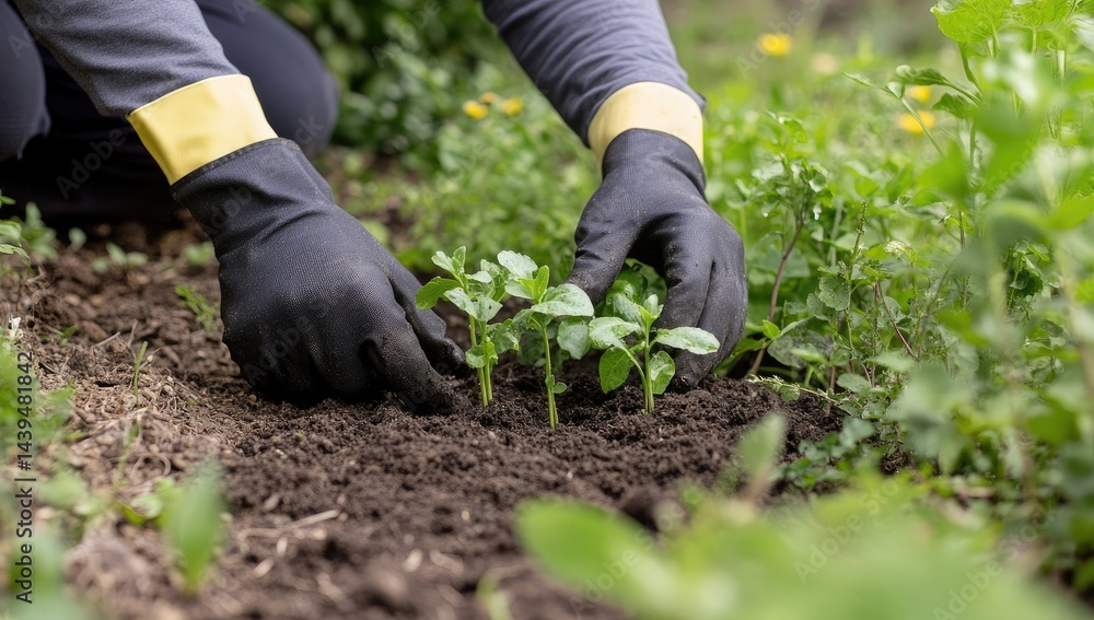 Fototapeta premium Person planting young sprouts in garden bed
