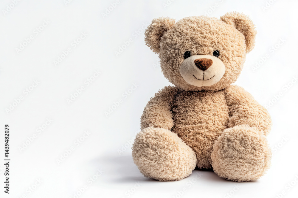Cute teddy bear sits on a white background, conveying warmth, comfort, and childhood innocence. Cute teddy bear sits on a white background, conveying warmth, comfort, and childhood innocence.