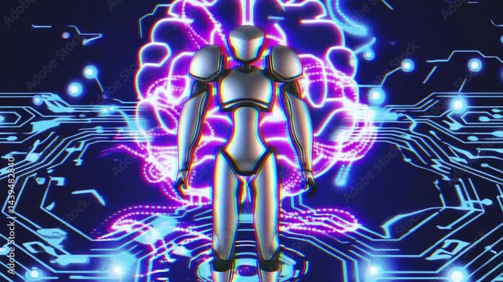 Stylized Futuristic Robot with Neon Brain and Digital Background. Stylized Futuristic Robot with Neon Brain and Digital Background.
