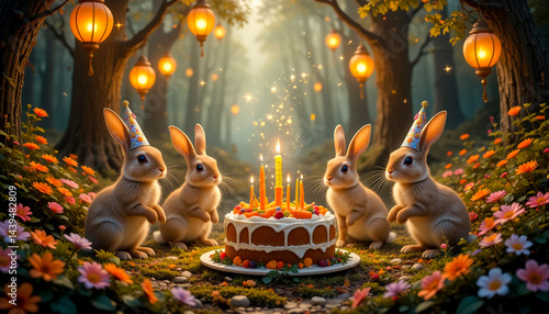 Adorable Rabbits Celebrate Birthday Cake in Enchanted Forest photo