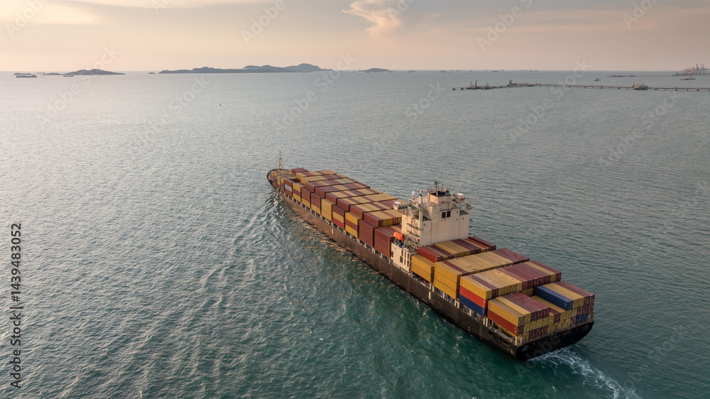 Aerial view container ship cargo freight shipping international, Global business freight shipping import export logistic transportation container ship, Container ship cargo sea freight container ship.
