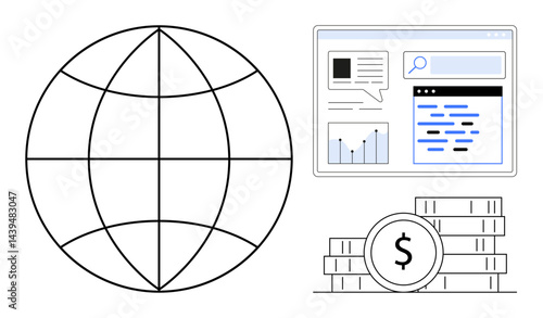 Globe, website interface with graphs and text, and stacked coins with dollar sign. Ideal for global business, finance, technology, analytics, web services, marketing simple landing page