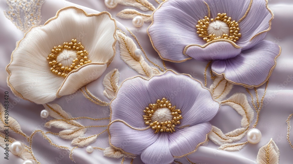 Delicate embroidered flowers on fabric Delicate embroidered flowers on fabric