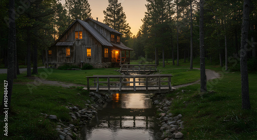 Wallpaper Mural Rustic Cabin Nestled in a Forest Clearing at Sunset with Wooden Bridge Torontodigital.ca