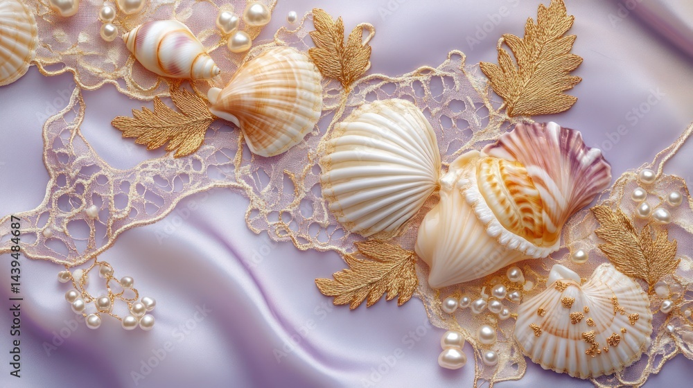 Seashells and Pearls on Purple Fabric Background Seashells and Pearls on Purple Fabric Background