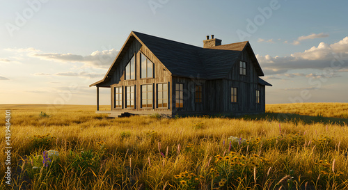 Rustic Home In A Field Of Golden Grass Under A Clear Sky