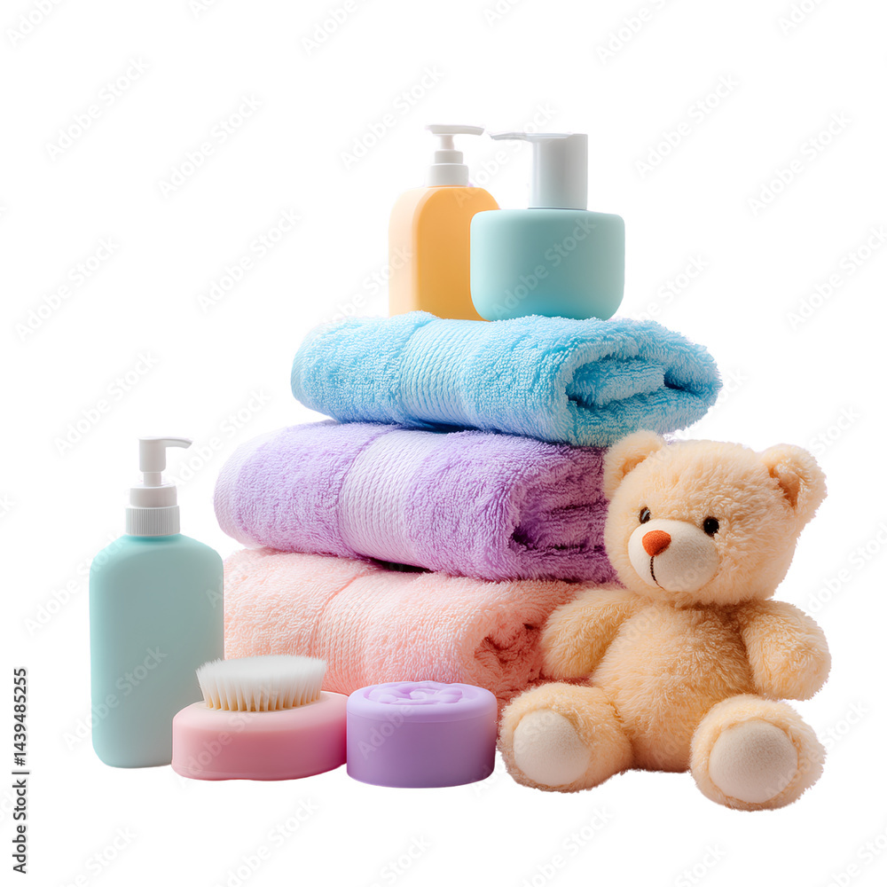 An isolated for baby's wash items, such as towels and sponges, with the pink teddy bear toy next to them. transparent background png An isolated for baby's wash items, such as towels and sponges, with the pink teddy bear toy next to them. transparent background png