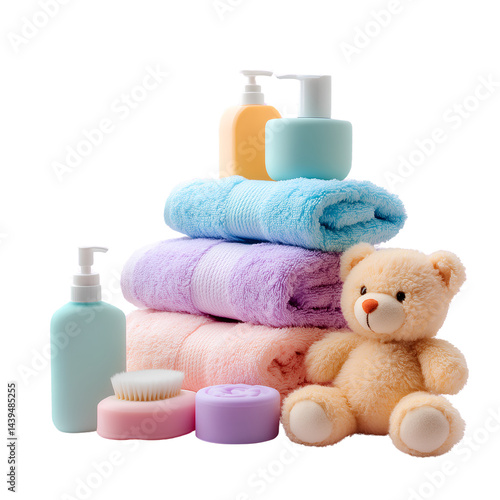  An isolated for baby's wash items, such as towels and sponges, with the pink teddy bear toy next to them. transparent background png