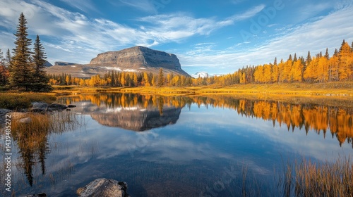 Autumn lake reflects golden trees, mountain.