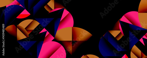 Abstract geometric shapes dominate black background. Vivid pink, blue, orange hues create dynamic composition. Modern design elements present.
