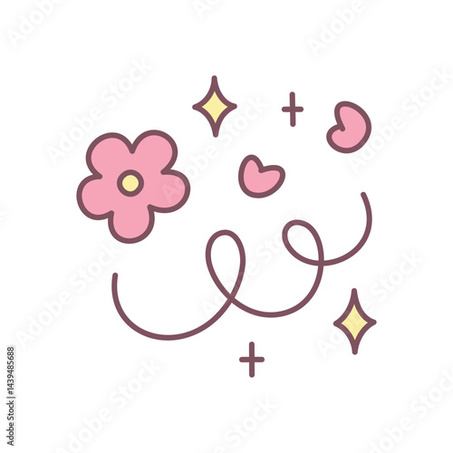 Cute floral illustration. Whimsical design featuring pink flower, hearts, stars and sparkles. Simple hand drawn illustration isolated on a white background. Kawaii sticker. Vector 10 EPS.