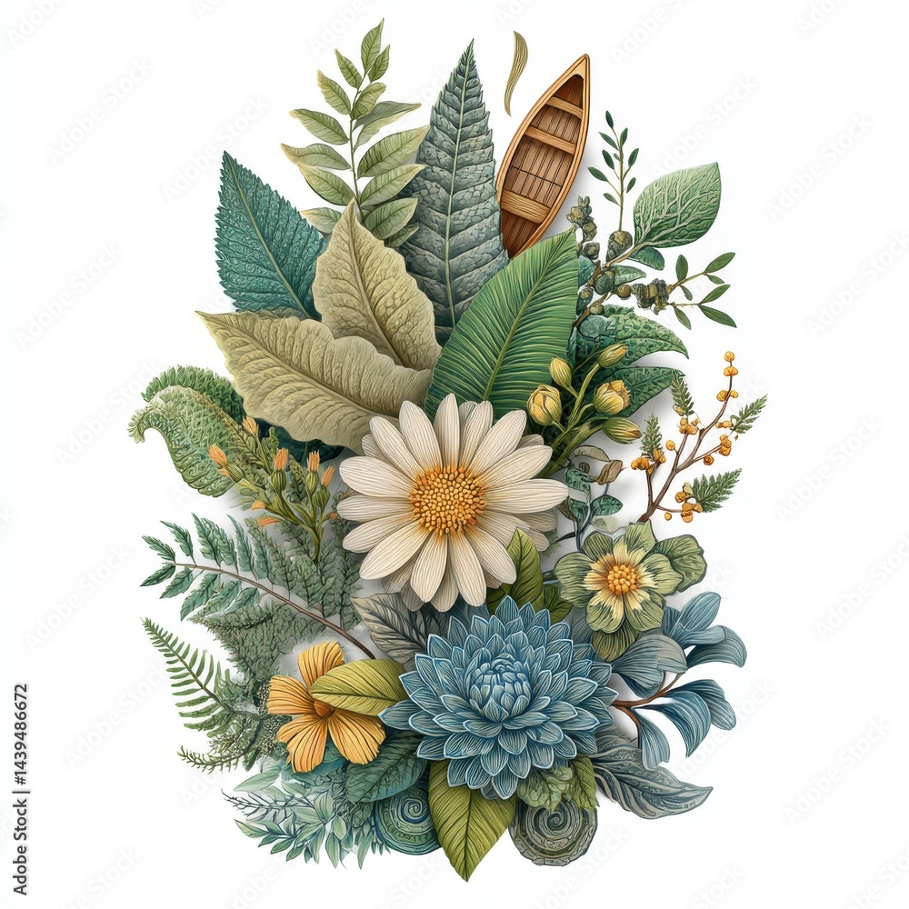 Fototapeta premium Lush Floral Arrangement with White Daisy and Wooden Boat