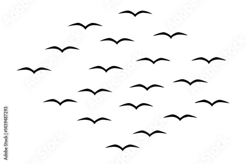 Silhouette of a flock of birds flying in the sky isolated on white background