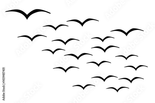 Silhouette of a flock of birds flying in the sky isolated on white background