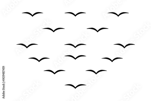 Silhouette of a flock of birds flying in the sky isolated on white background