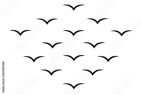 Silhouette of a flock of birds flying in the sky isolated on white background