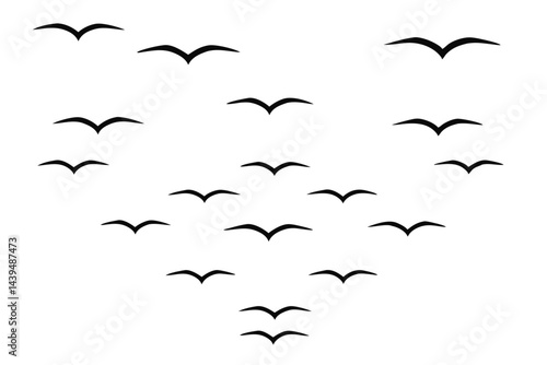 Silhouette of a flock of birds flying in the sky isolated on white background