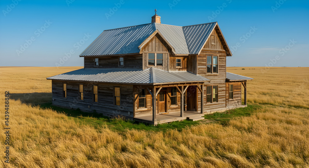 Rustic Homestead Amidst Golden Fields Under Clear Skies On a Sunny Day Rustic Homestead Amidst Golden Fields Under Clear Skies On a Sunny Day