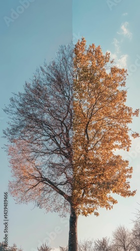 Single tree, split; winter, autumn; contrasting seasons.