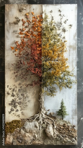 Three-dimensional tree, seasonal foliage, textured wood background.