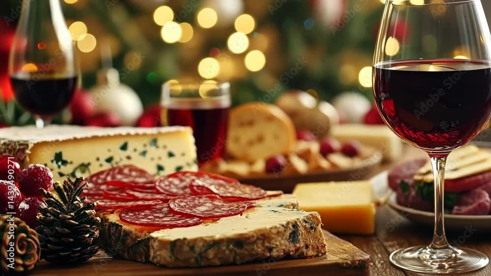 Festive cheese and charcuterie board with red wine and holiday lights Festive cheese and charcuterie board with red wine and holiday lights
