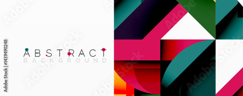 Modern abstract design. Geometric shapes overlap, creating vibrant color gradients. Clean lines define composition.