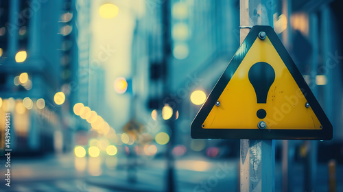 A yellow traffic sign with a black upward arrow and exclamation mark stands out against a backdrop of tall, blurred city buildings. The sign warns of upcoming changes in the road or traffic conditions