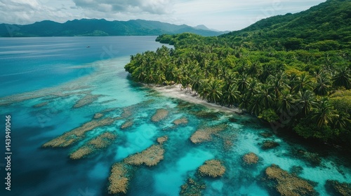 Tropical beach, turquoise water, lush green coast.