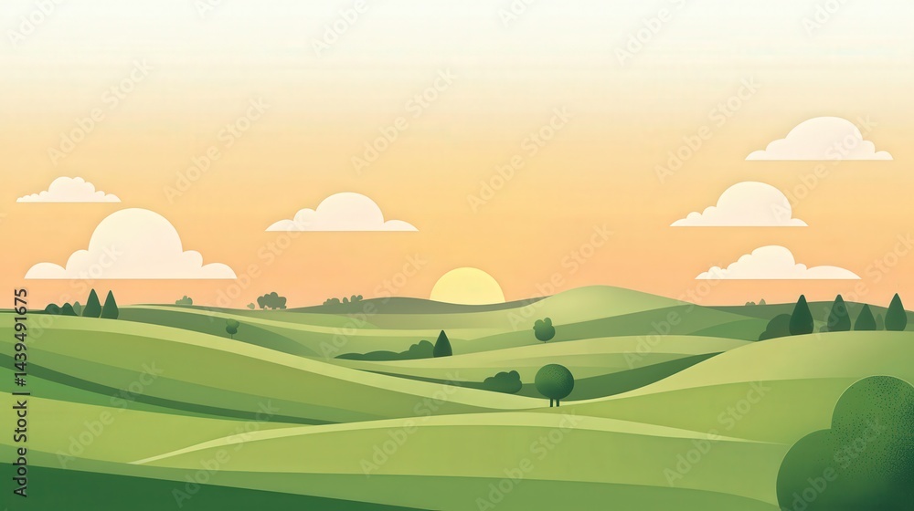 Fototapeta premium Lush, rolling hills bathed in a tranquil sunset.