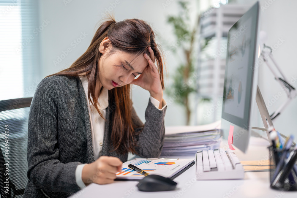 A woman is sitting at a desk with a computer monitor and a stack of papers A woman is sitting at a desk with a computer monitor and a stack of papers