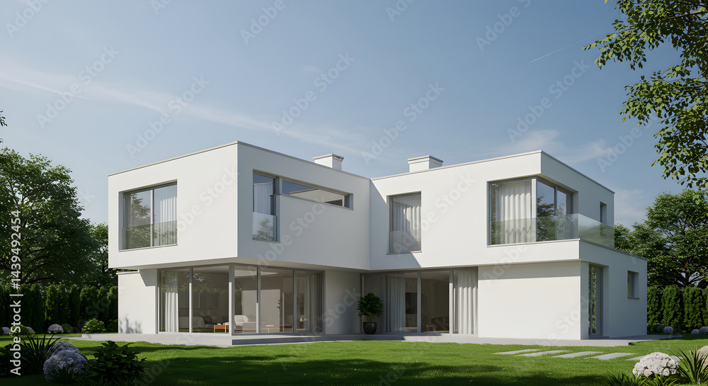 Modern Minimalist Home With White Exterior And Lush Green Lawn Modern Minimalist Home With White Exterior And Lush Green Lawn