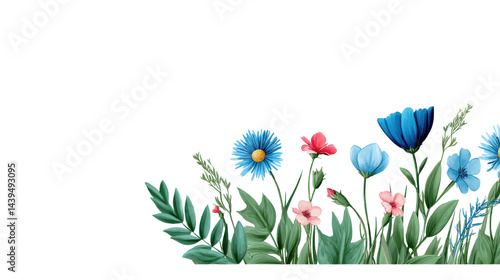 Watercolor flowers in soft pink, coral, and blue with lush green foliage, creating a beautiful floral border on a clean white background, perfect for design projects.