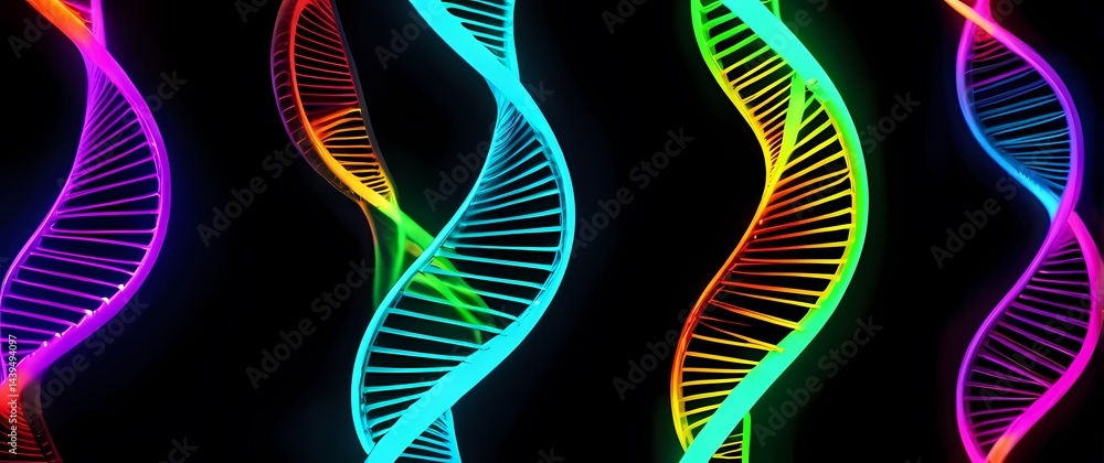 Naklejka premium Rotating DNA double helices illuminated with vibrant neon colors on black backgrounds. Extremely detailed high resolution illustration.