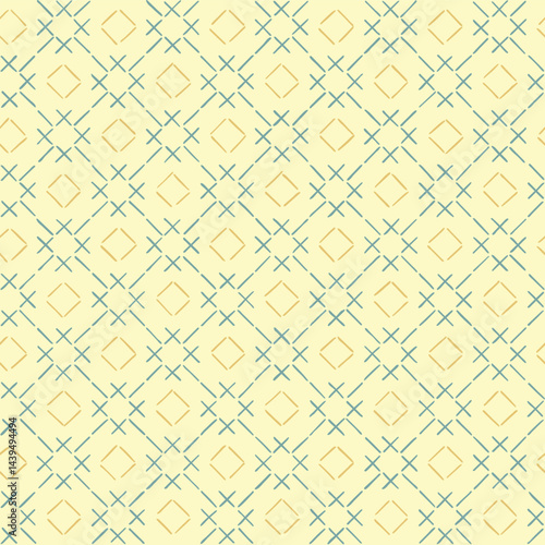 crosses and squares from hand drawn stripes. folk decorative art. beige, blue, yellow repetitive background. vector seamless pattern. fabric swatch. geometric wrapping paper. textile design template