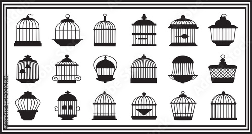 Birdcage Silhouettes Collection - Vintage Bird Cages, Ornamental Pet Cages, Black Vector Icons for Freedom, Captivity, Home Decor, Retro Art Design