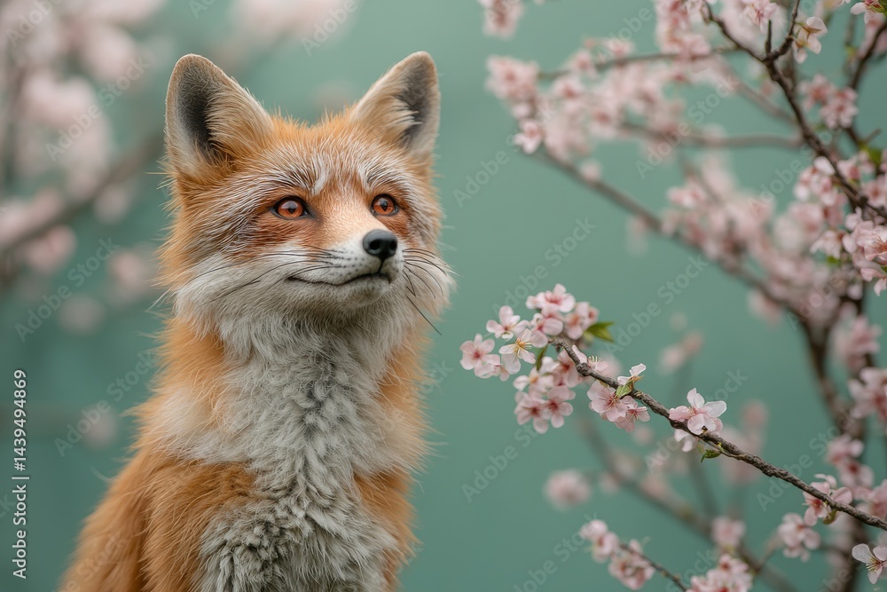 Obraz premium A red fox gazes at blossoming spring flowers.