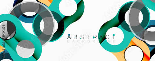 Abstract circles, overlapping shapes create modern design. Teal, orange, gray hues dominate composition. Clean background enhances visual impact.