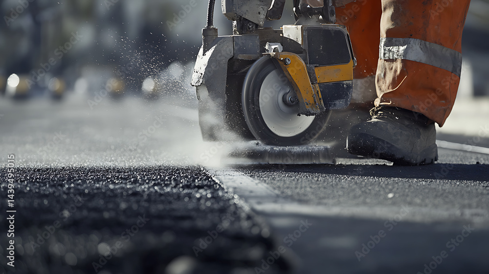 Fototapeta premium Worker Using a Concrete Saw on Road Construction