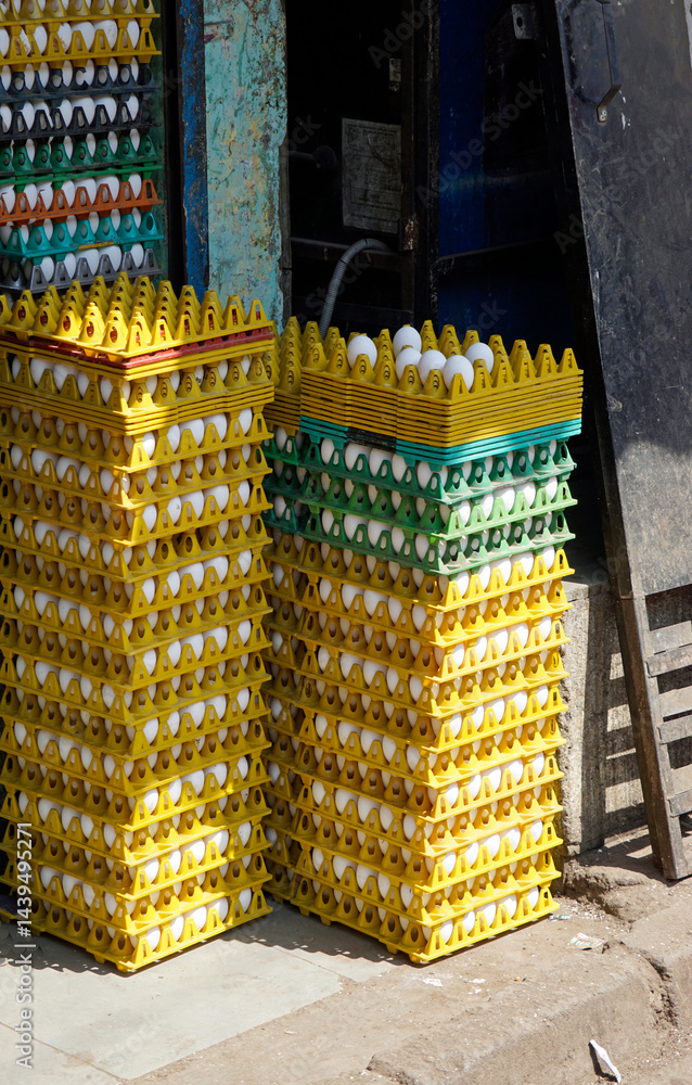 Chicken eggs on plastic trays in Mumbai