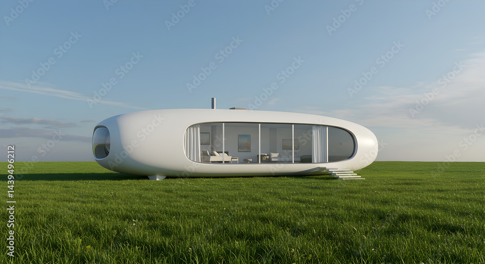 Fototapeta premium Futuristic Living Pod On Grassy Expanse Under A Bright Blue Sky