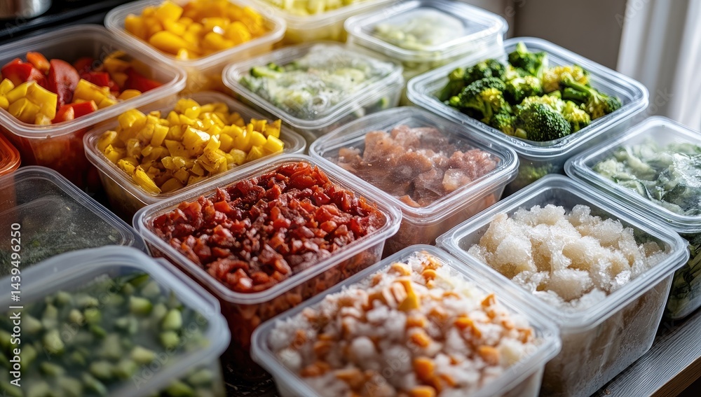 Colorful prepped veggies and proteins in containers Colorful prepped veggies and proteins in containers