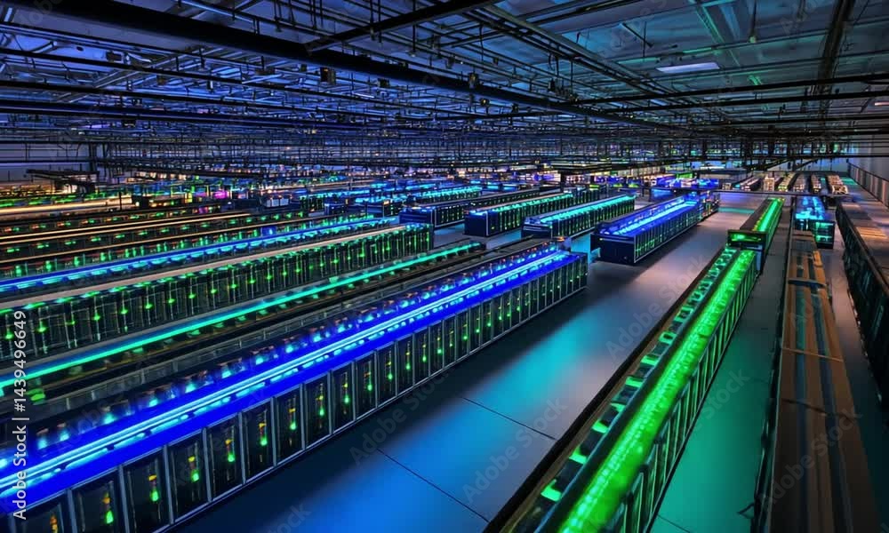 High tech data center with glowing supercomputers and quantum servers made with Generative AI technology High tech data center with glowing supercomputers and quantum servers made with Generative AI technology