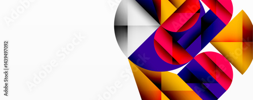 Abstract geometric shapes overlap, creating vibrant color gradients. Composition focuses right side, leaving ample white space.