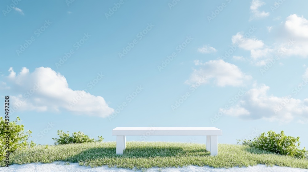 Fototapeta premium Minimalist white bench on a green grassy hill under a bright blue sky with soft clouds.