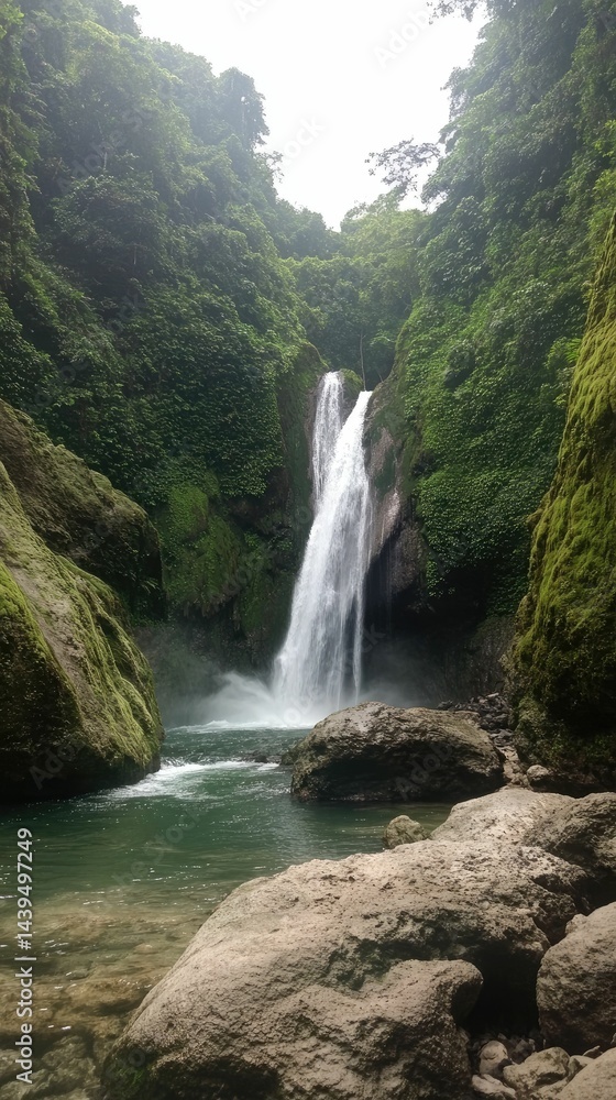 Fototapeta premium Lush greenery frames cascading waterfall, rocks at base.