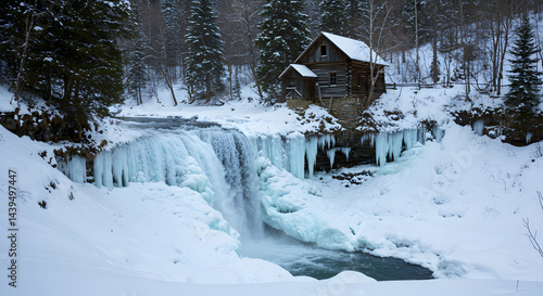 Picturesque Winter Scenery of Frozen Waterfall and Cabin in Snowy Landscape