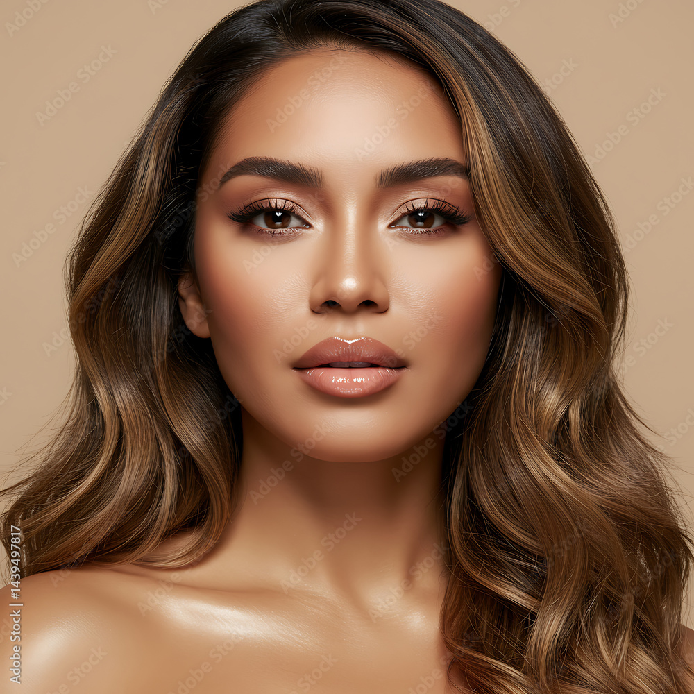 Fototapeta premium Stunning Portrait of a Young Woman with Long Wavy Brown Hair and a Natural Makeup Look