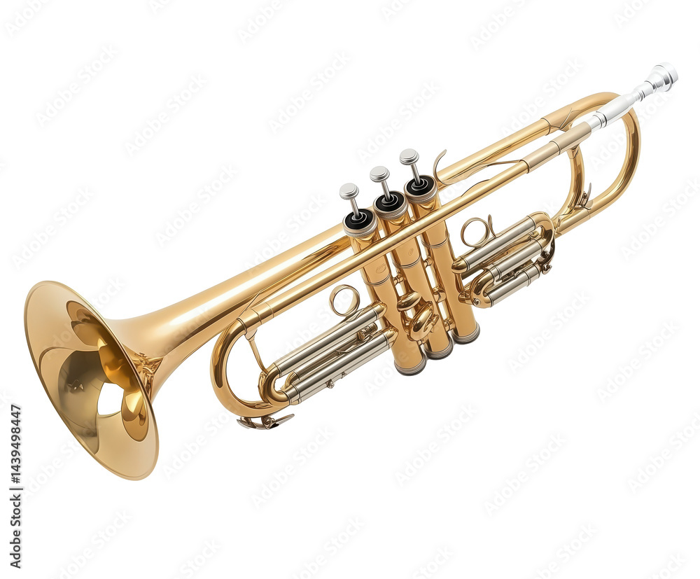 Obraz premium Golden Trumpet Instrument, High Quality Brass Wind Instrument , isolated on white background PNG cut out