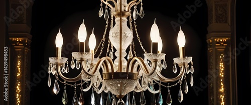 Refraction of light through sparkling antique crystal chandeliers casting colorful shadows. Extremely detailed high resolution illustration.