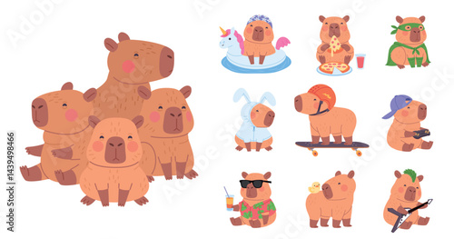 Cute Flat Capybara Icon Set